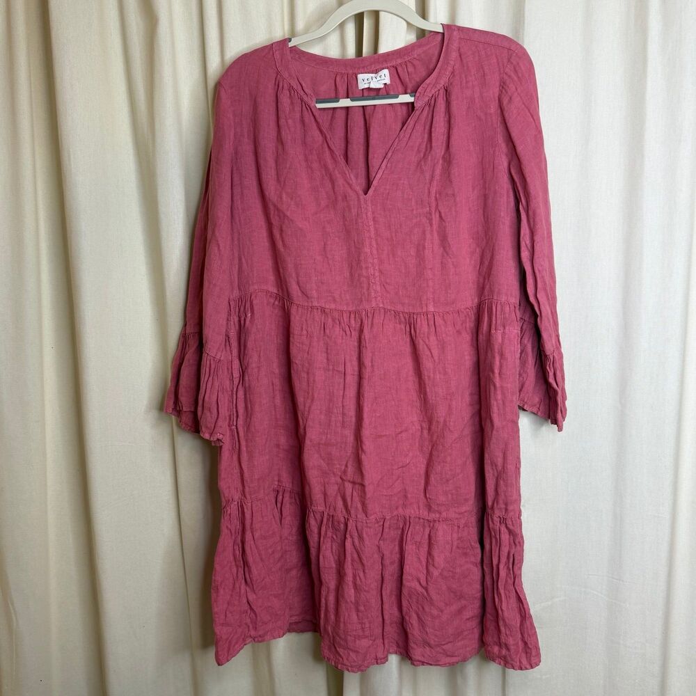 Velvet by Graham & Spencer V-Neck Aurora Linen Tiered Mini Dress Pink Medium